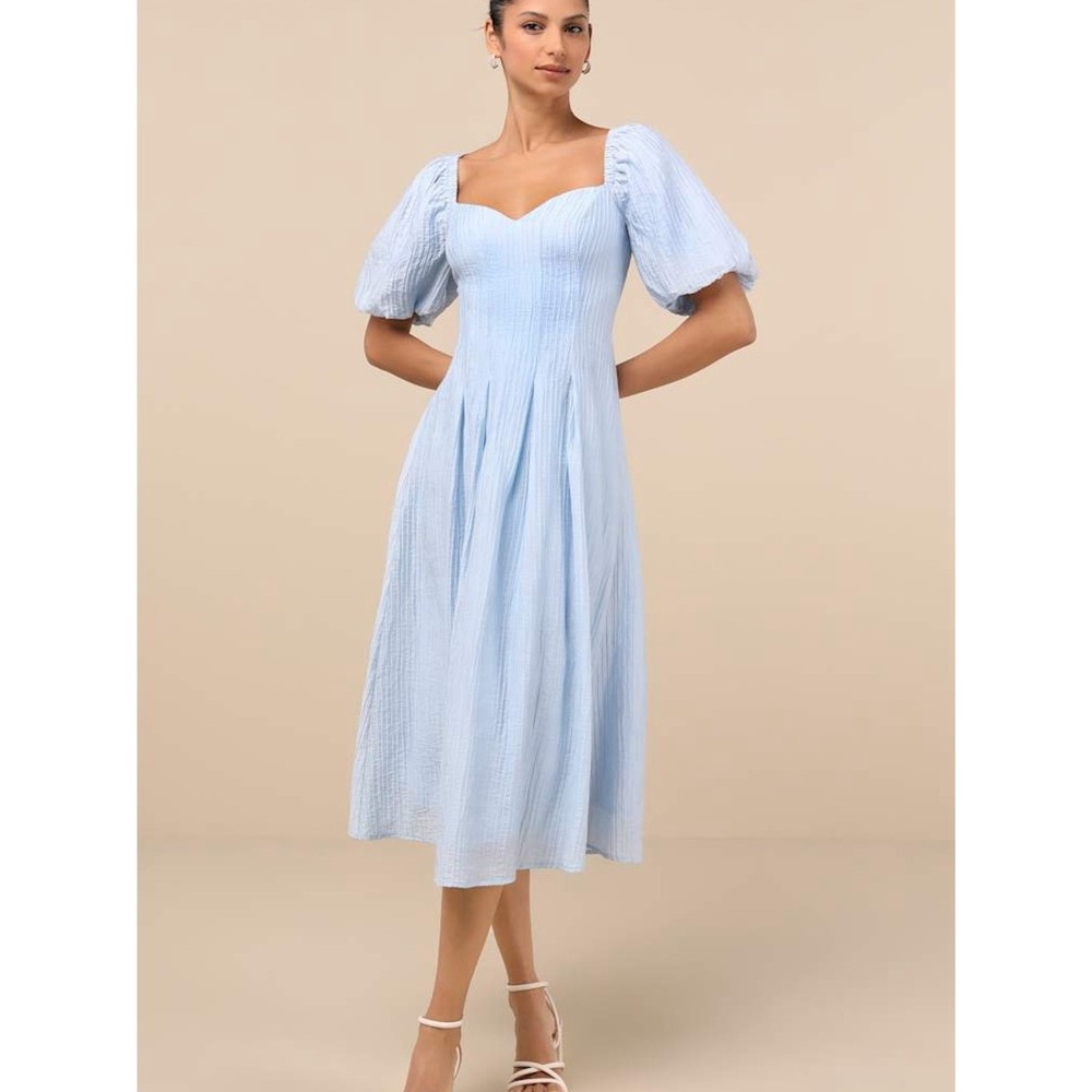 NWT Lulus Heavenly Energy Blue Textured Puff Sleeve Pleated Midi
Dress XL - Picture 2 of 13